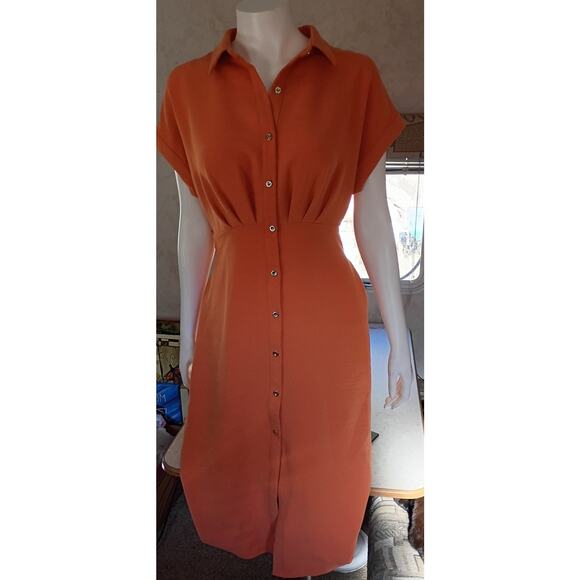 Worthington PM Modest Tie Waist Button Shirt Dress Orange Career Work Petite - Picture 5 of 13